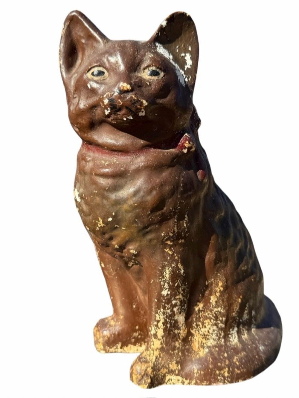 Vintage Chalkware Cat Statue 10” Folk Art Primitive Brown Kitty Figurine Decor
